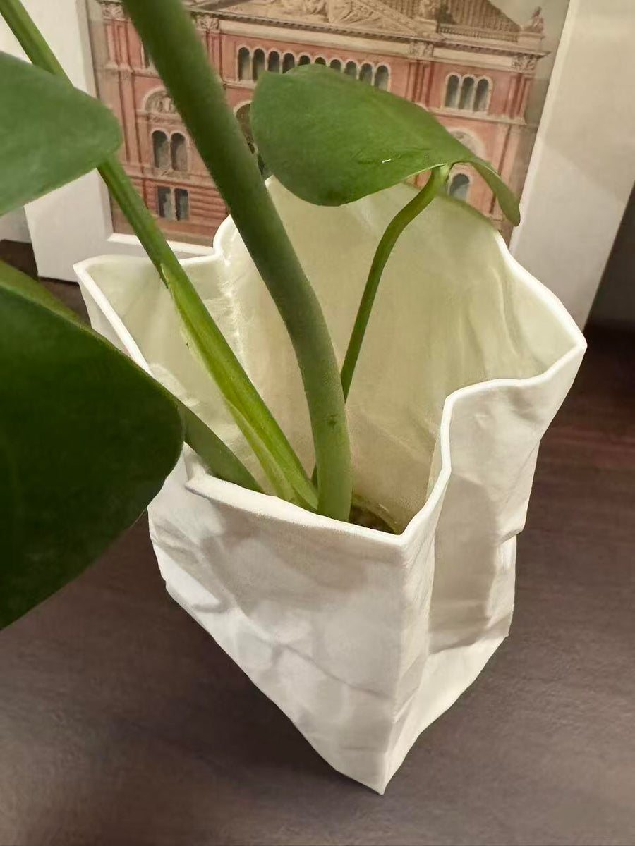 White paper-bag-shaped vase with a plant