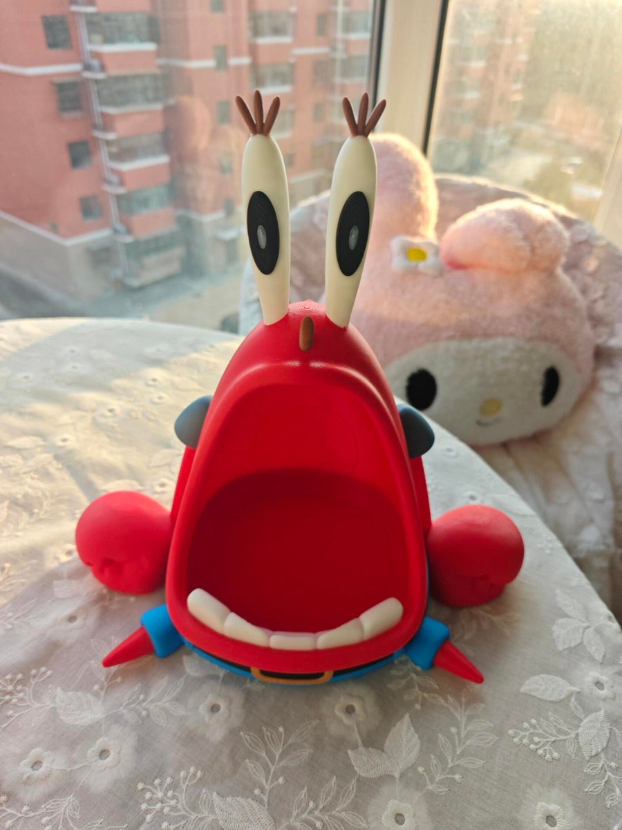 Red crab-shaped organizer beside a window