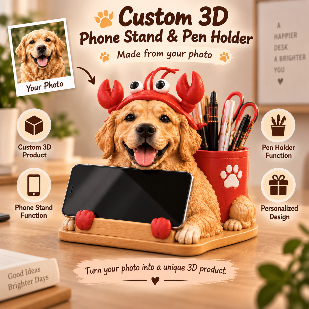Custom 3D Phone Stand & Pen Holder from Your Photo – Personalized People & Pet Desk Organizer, 3D Keepsake, Unique Gift for Family, Couples & Friends