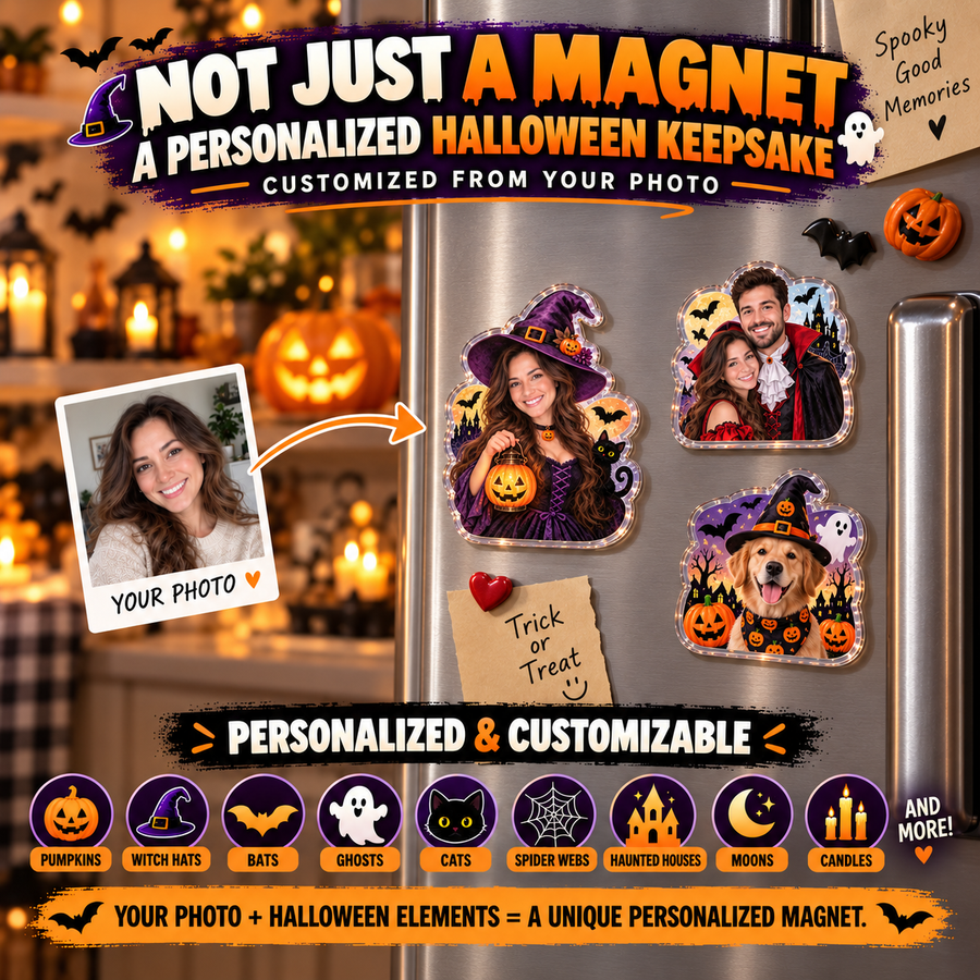 Custom Halloween Photo Fridge Magnet – Personalized Picture Magnet with Pumpkin, Witch, Ghost & Spooky Design, Halloween Keepsake Gift for Family & Friends