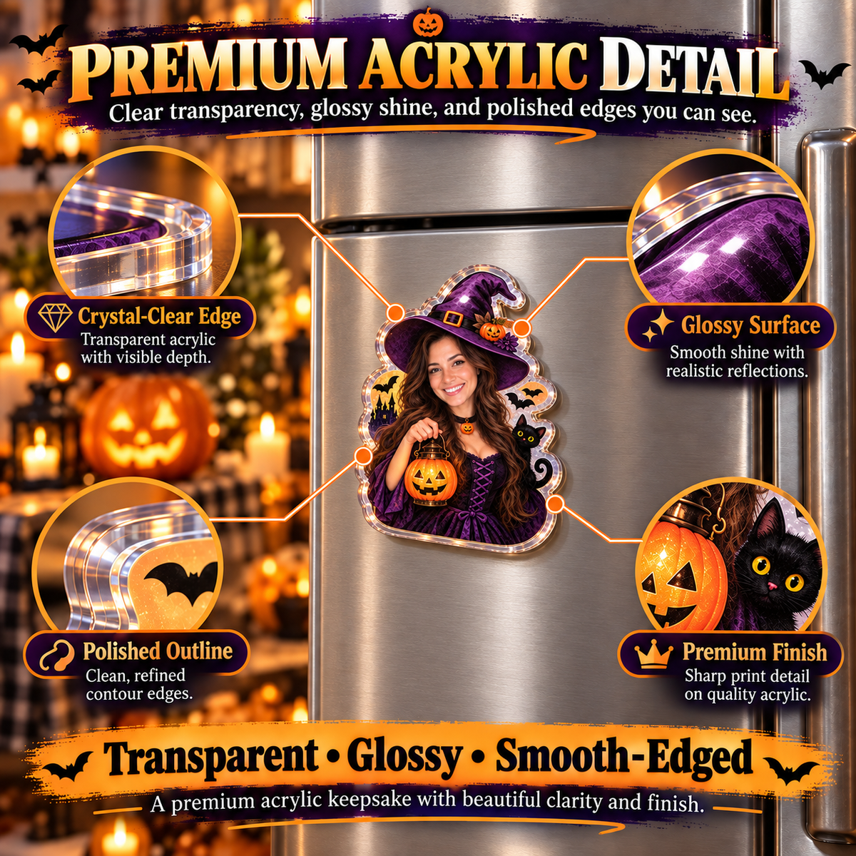 Custom Halloween Photo Fridge Magnet – Personalized Picture Magnet with Pumpkin, Witch, Ghost & Spooky Design, Halloween Keepsake Gift for Family & Friends