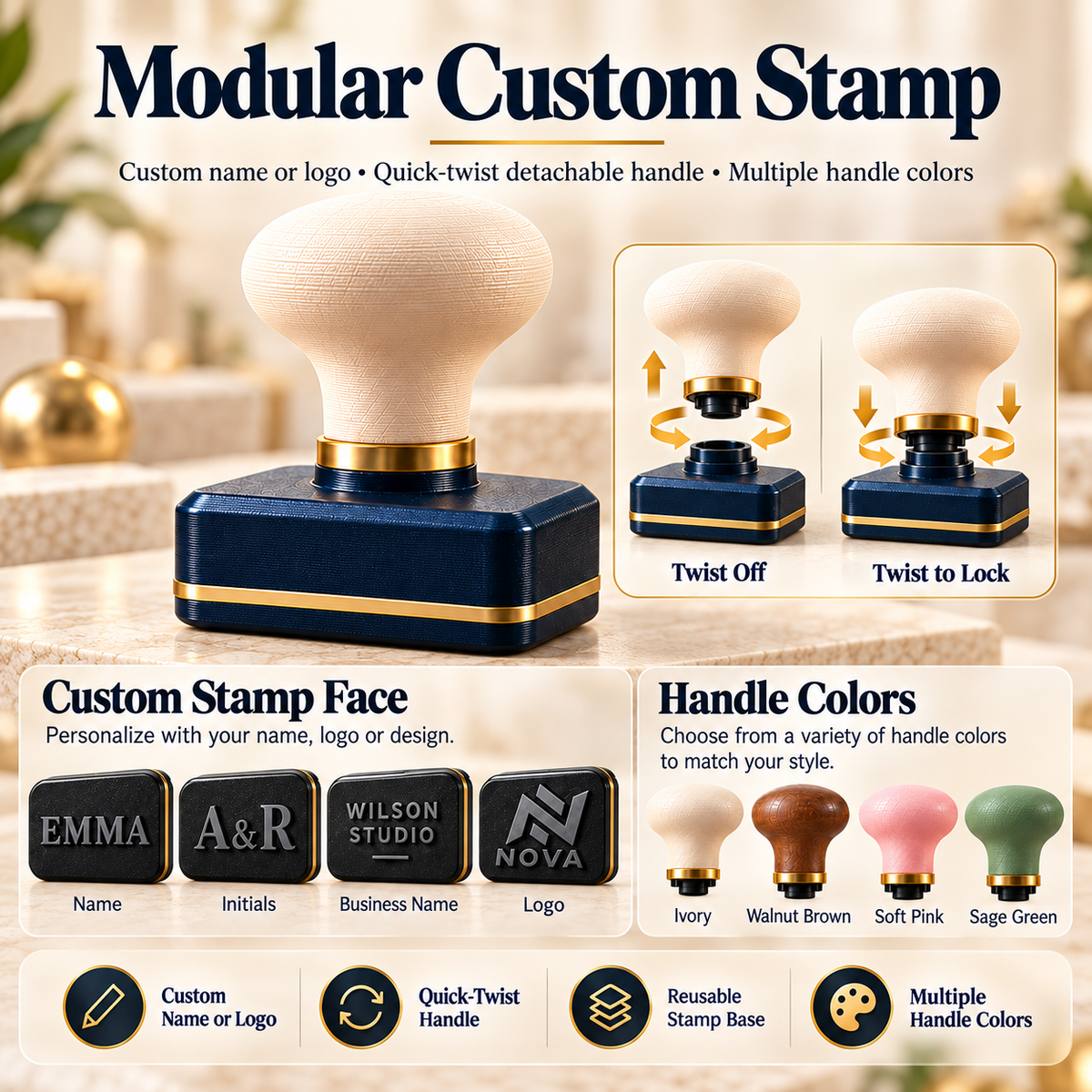 Personalized Custom Stamp with Quick-Twist Detachable Handle – Custom Name, Logo & Design Stamp, Reusable Stamp for Business, Gifts & Everyday Use