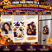 Custom Halloween Photo Fridge Magnet – Personalized Picture Magnet with Pumpkin, Witch, Ghost & Spooky Design, Halloween Keepsake Gift for Family & Friends