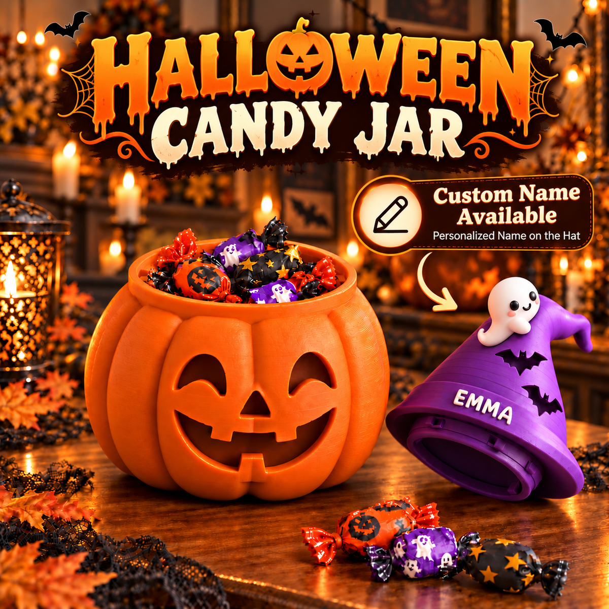 3D Printed Halloween Pumpkin Jar – Personalized Candy Container, Coin Bank & Home Decoration with Custom Name Witch Hat Lid, Perfect Halloween Gift for Kids